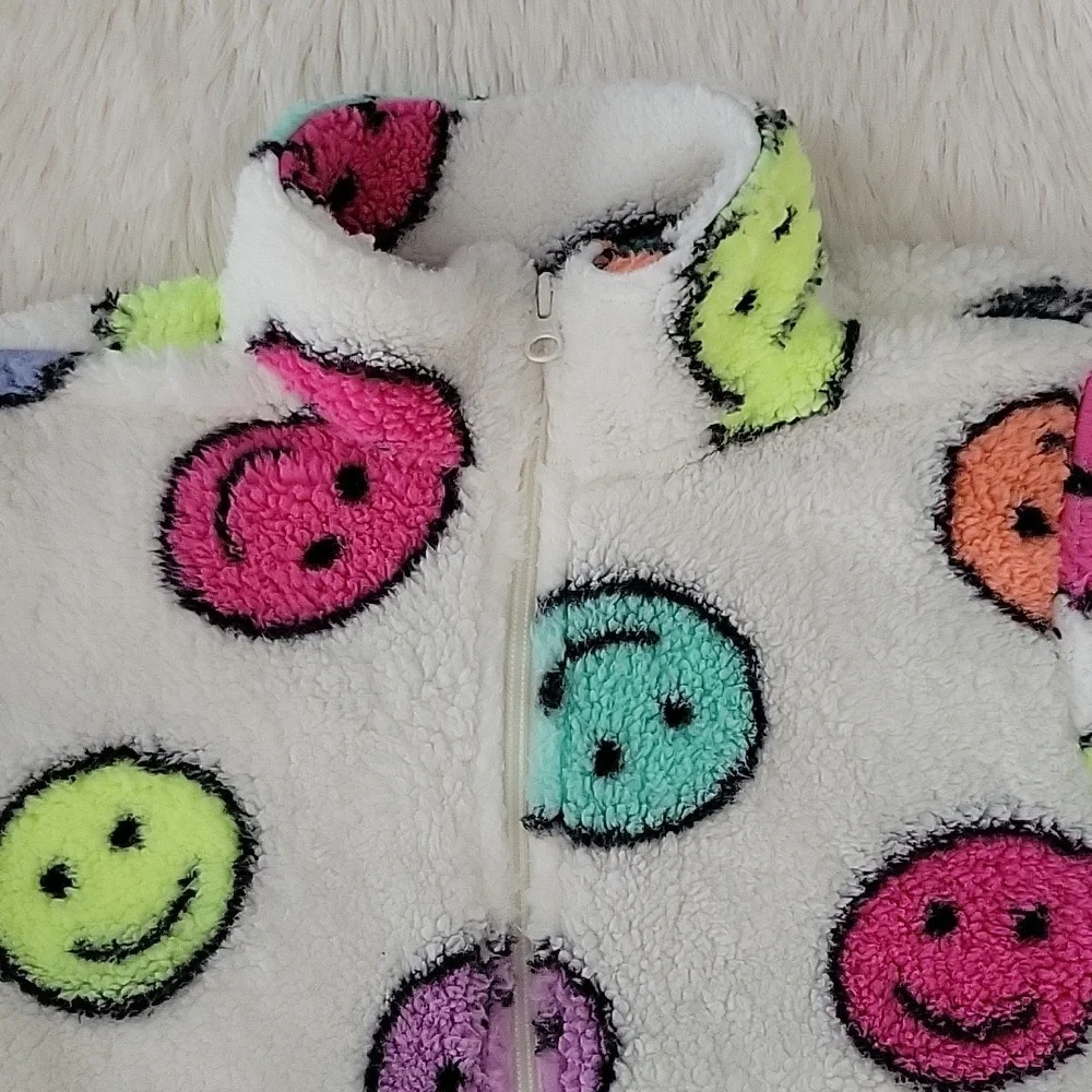 The Children's Place White Sherpa Colorful Emoji Zip Up Jacket Size 10/12